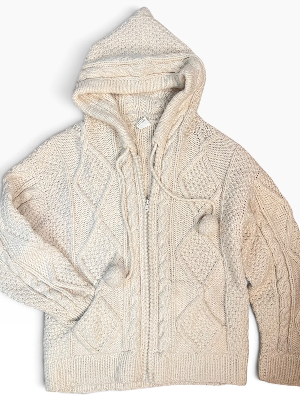 Handmade Cable Knit Wool Hooded Sweater Jacket Size M Full Zip Cream Fisherman